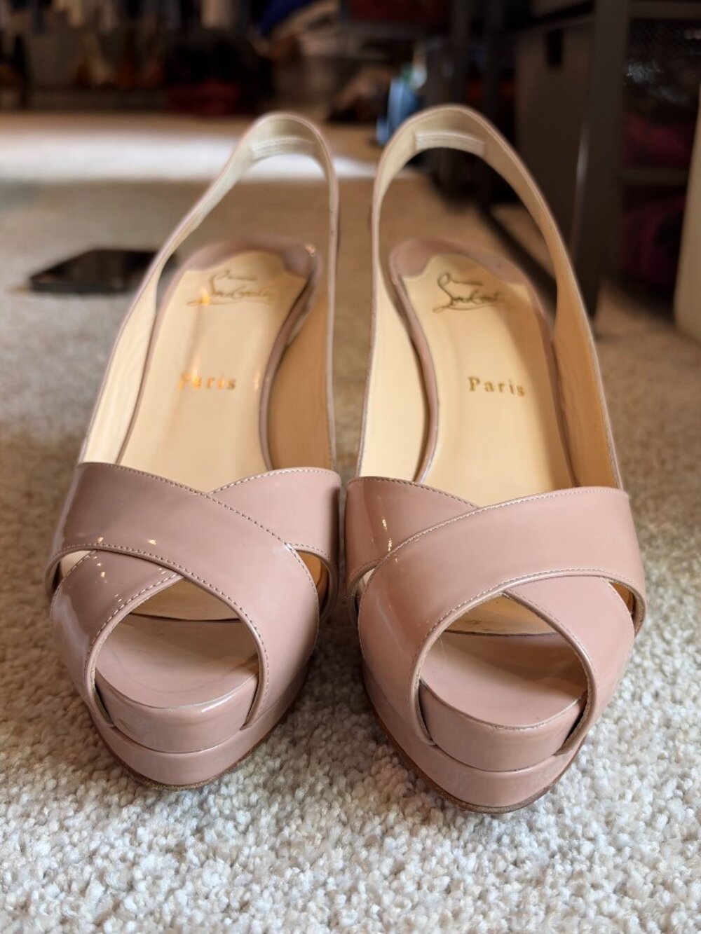Christian Louboutin Nude Patent Leather Peep Toe Slingback Heels